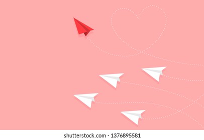 Red Paper plane with heart shape route and paper plane group