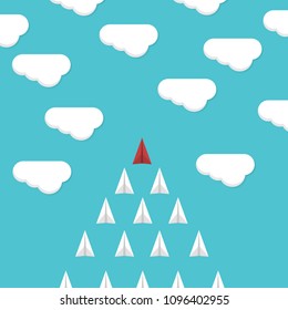Red paper plane leading white airplanes. Leadership, teamwork and courage concept. EPS 10 vector illustration