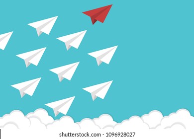 Red paper plane leading white airplanes. Leadership, teamwork and courage concept. EPS 10 vector illustration