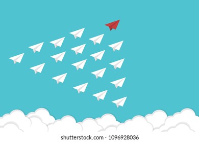 Red paper plane leading white airplanes. Leadership, teamwork and courage concept. EPS 10 vector illustration