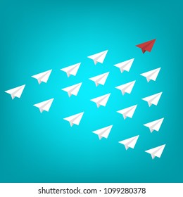 Red paper plane leading white airplanes. Leadership, teamwork and courage concept. EPS 10 vector illustration