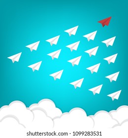 Red paper plane leading white airplanes. Leadership, teamwork and courage concept. EPS 10 vector illustration