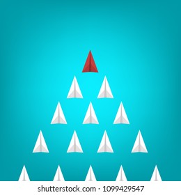 Red paper plane leading white airplanes. Leadership, teamwork and courage concept. EPS 10 vector illustration