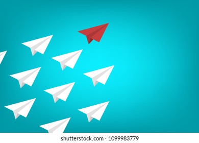 Red paper plane leading white airplanes. Leadership, teamwork and courage concept. EPS 10 vector illustration