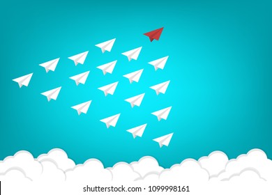 Red paper plane leading white airplanes. Leadership, teamwork and courage concept. EPS 10 vector illustration