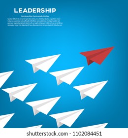 Red paper plane leading white airplanes. Leadership, teamwork and courage concept. EPS 10 vector illustration