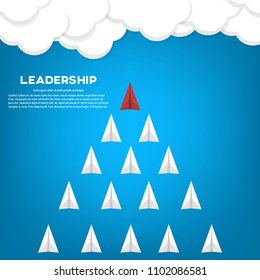 Red paper plane leading white airplanes. Leadership, teamwork and courage concept. EPS 10 vector illustration