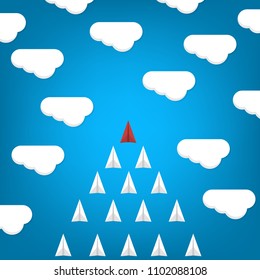 Red paper plane leading white airplanes. Leadership, teamwork and courage concept. EPS 10 vector illustration