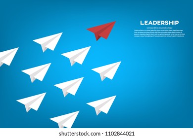 Red paper plane leading white airplanes. Leadership, teamwork and courage concept. EPS 10 vector illustration