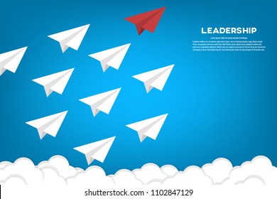 Red paper plane leading white airplanes. Leadership, teamwork and courage concept. EPS 10 vector illustration