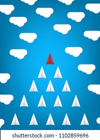 Red paper plane leading white airplanes. Leadership, teamwork and courage concept. EPS 10 vector illustration
