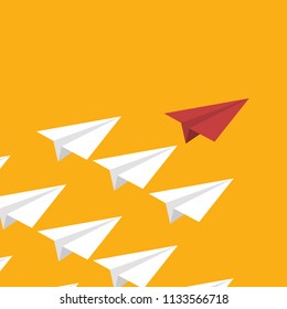 Red paper plane leading white airplanes. Leadership, teamwork and courage concept. EPS 10 vector illustration