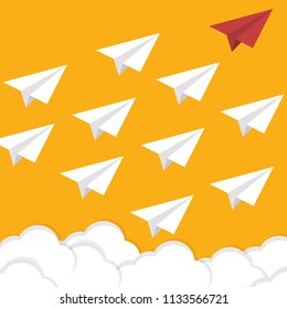 Red paper plane leading white airplanes. Leadership, teamwork and courage concept. EPS 10 vector illustration