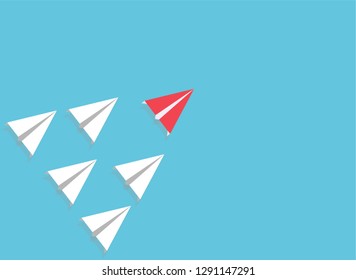 Red paper plane leading white ones, leadership concept.