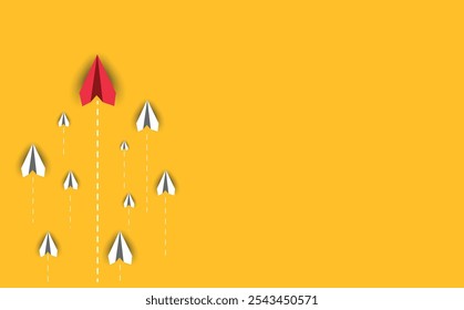 Avião de papel vermelho que conduz planos brancos.
Liderança e inovação, estilo plano, conceito de ideia de liderança.