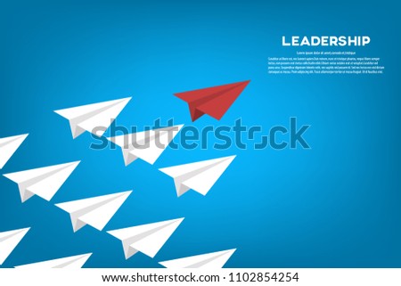 Red paper plane leading white airplanes. Leadership, teamwork and courage concept. EPS 10 vector illustration