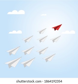 Red paper plane leads business team. Paper plane vector flying and follow team to success. Illustration vision business competition, management boss motivation