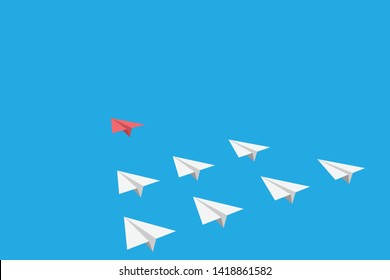A red paper plane leads a lot of white airplanes behind it in the blue sky. Leader purposefully, leads to success. Vector illustration.