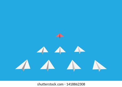 A red paper plane leads a lot of white airplanes behind it in the blue sky. Leader purposefully, leads to success. Vector illustration.
