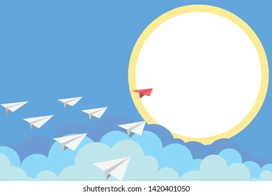 A red paper plane leads a lot of white airplanes behind it in the blue sky. Leader purposefully, leads to success. Vector illustration.
