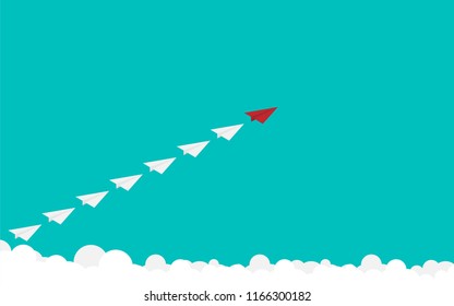Red paper plane and many white ones on sky, Teamwork and courage concept, Flat design vector illustration