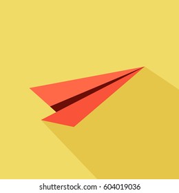 Red paper plane on light gray background with long shadow. Flat style airplane icon. Creative idea, business concept. EPS 8 vector illustration, no transparency