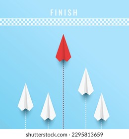 Red paper plane racing white paper plane to destination. Business leadership. Vector illustrations