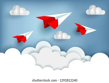 red paper plane up to the sky while flying above a cloud. business finance success. leadership. creative idea. illustration cartoon vector

