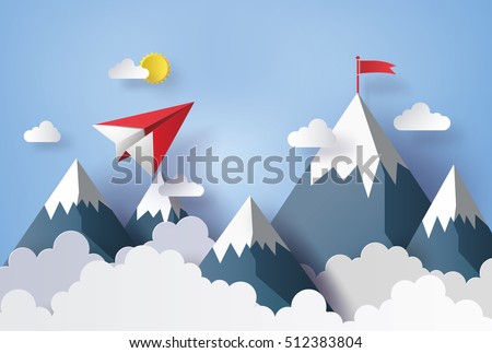 Red paper plane soaring over mountains and clouds in paper cut style with blue sky.