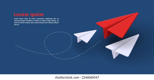 Red Paper plane symbol message sending with white paper planes and dashed line, email 3d composition