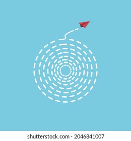 The red paper plane Try to find a way out of the maze. Solve the problem. Success business concept vector illustration.