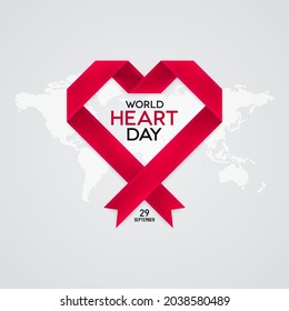 Red paper ribbon heart shape on white background. World Heart Day banner design.
