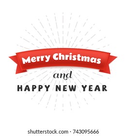 Red paper ribbon with text Merry Christmas and Happy New Year banner isolated on white background. Vector illustration