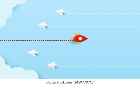 Red paper rocket changing direction different from white paper rocket. Concept of creativity, new ideas, and innovative. Different business. Vector illustrations
