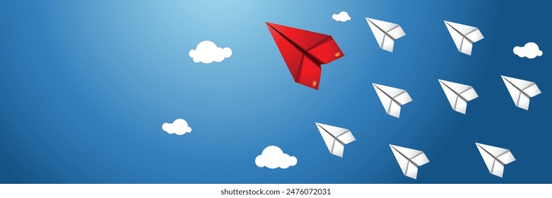 red paper rocket guiding white fellow paper rockets that showing leadership, friendship in the business and society 