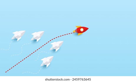 Red paper rocket racing white paper rocket to target for success. Leader, leadership ,business ,competition, vision, start up. Vector illustrations