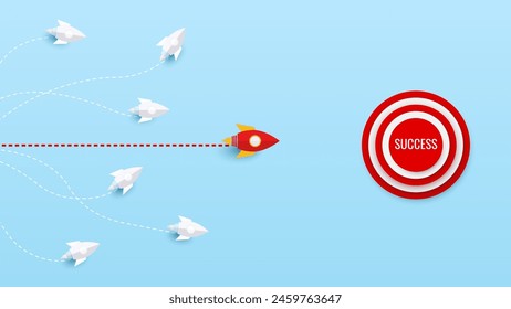 Red paper rocket racing white paper rocket to target for success. Leader, leadership ,business ,competition, vision, start up. Vector illustrations