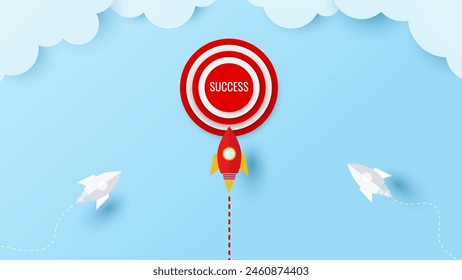 Red Paper Rocket Racing White Paper Rakete zum Ziel für den Erfolg. Führungskraft, Führung, Unternehmen, Wettbewerb, Vision, Start-up. Vektorillustrationen
