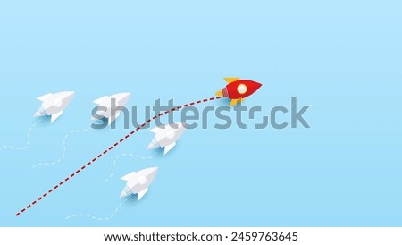 Red paper rocket racing white paper rocket to target for success. Leader, leadership ,business ,competition, vision, start up. Vector illustrations