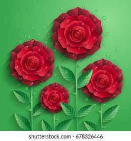 Red paper roses with leaves and drops of dew. 3D style. Decorative background.