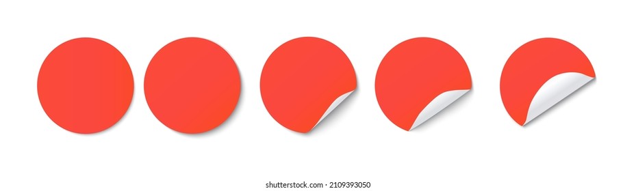 Red paper round adhesive sticker set with a curved edges. Blank templates of a price tag. Realistic vector stickers