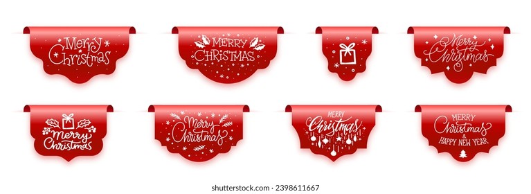 Banderas de papel rojo recorren la Navidad Feliz y Año Nuevo Feliz con fondo blanco. Juego de etiquetas de cinta roja 3D colgantes. Banderas con texto de saludo. Etiquetas de felicitación. Organizar plantillas de etiquetas elegantes
