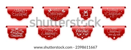 Red paper scroll banners Merry Christmas and Happy New Year on white background. Hanging 3D red ribbon labels set. Flags with greeting text. Congratulation stickers. Ornate elegant tag templates