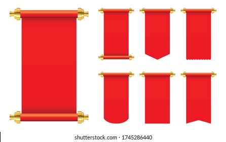 Red paper scroll in set vector illustration isolated on white background