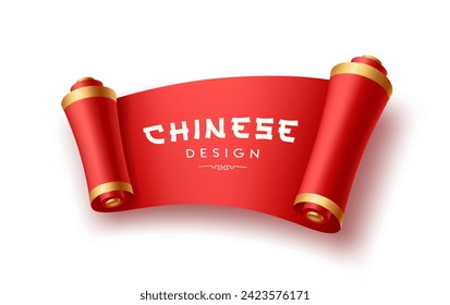 Red Paper scrolls ancient chinese design, horizontal curve realistic design, isolated on white background, Eps 10 vector illustration