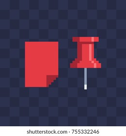 Red paper sheet and pin. Pixel art icon. Knitted design. 8-bit sprites. Isolated vector illustration. Old school computer graphic style.