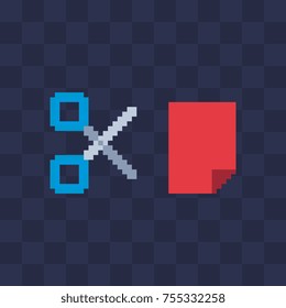 Red paper sheet and scissors. Pixel art icon. Knitted design. 8-bit sprites. Isolated vector illustration. Old school computer graphic style.