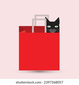 Red paper shopping bag with a black cat inside