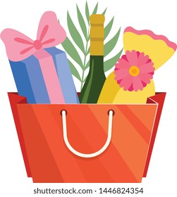 Red Paper Shopping Bag with Bottle of Wine and Gifts, Present Package for Birthday, Xmas, Wedding, Anniversary Celebration Vector Illustration