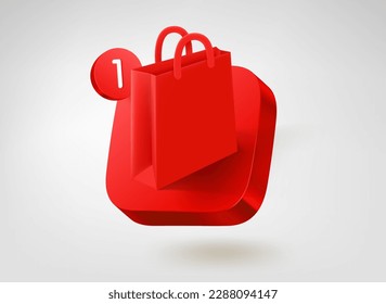 Red paper shopping bag on red platform. 3d vector mobile application icon